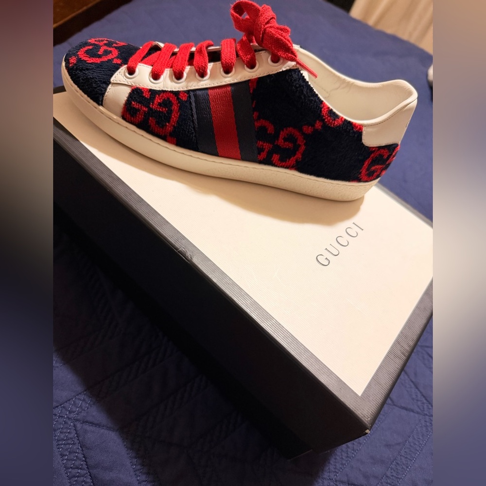 Gucci Red and Navy Patterned Sneakers